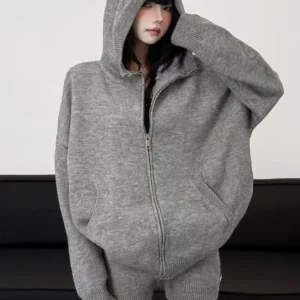 Y2k American Grey Hot Girls Retro Knitted Zipper Hoodie Women's High Waist Shorts Two-Piece Korean Fashion Loose Sweatshirt Suit