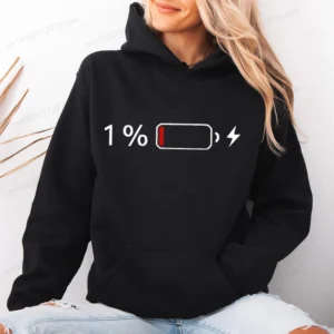 1% Battery Design Zip Up Sweatshirts Low Battery Print Women Fleece Hoodies Tops Fashion Zipper Hoodies Unisex Men Jackets Coats
