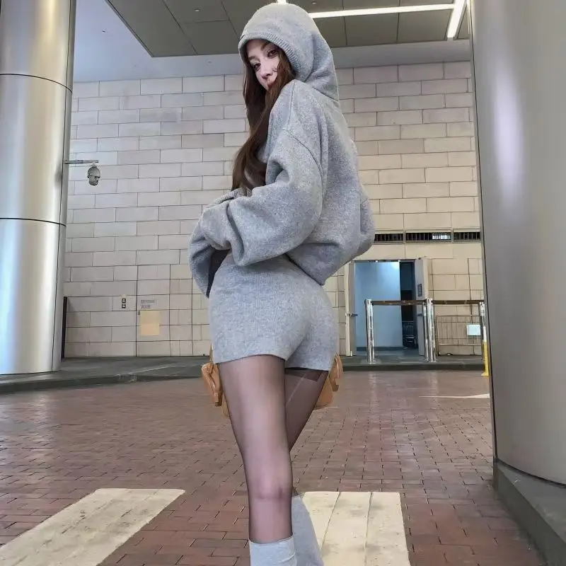 Y2k American Grey Hot Girls Retro Knitted Zipper Hoodie Women's High Waist Shorts Two-Piece Korean Fashion Loose Sweatshirt Suit - Image 3