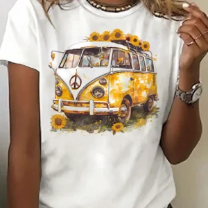 Sunflower and bus pattern round neck plus size women T-shirt short sleeve trend printing elastic half sleeve T-shirt