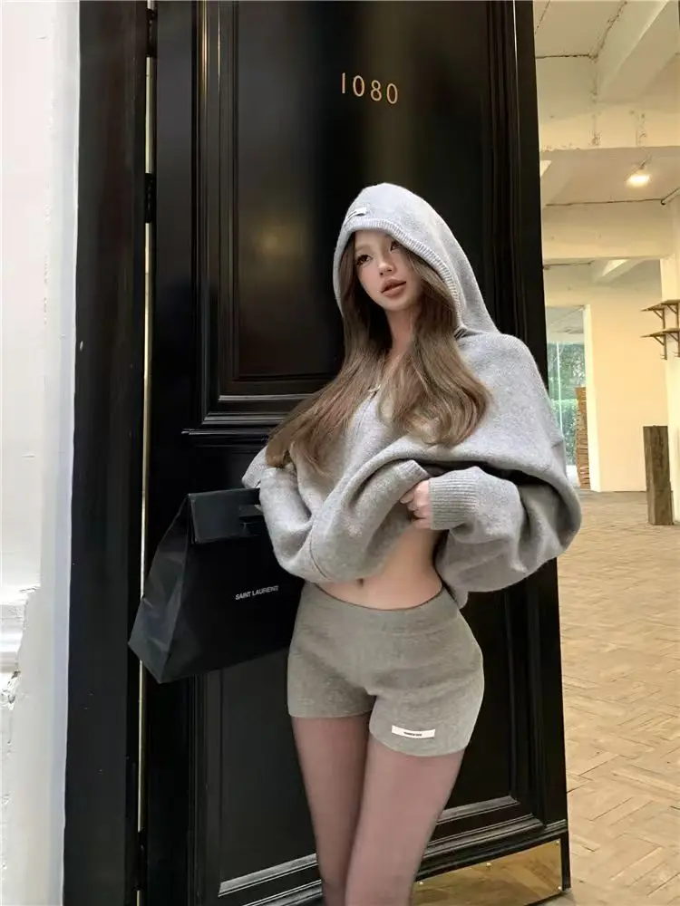 Y2k American Grey Hot Girls Retro Knitted Zipper Hoodie Women's High Waist Shorts Two-Piece Korean Fashion Loose Sweatshirt Suit - Image 2